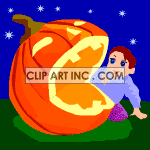 Animated halloween pumkin with a wide mouth and a little boy looking in clipart.