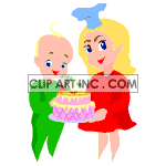 Animated mother and child holding flowers and a birthday cake clipart. Royalty-free image # 120672