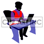 Animated man working on a laptop computer. clipart.