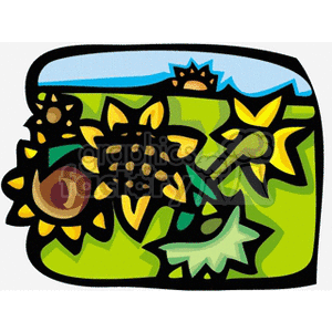 clipart - Bright yellow abstract sunflowers in a field .
