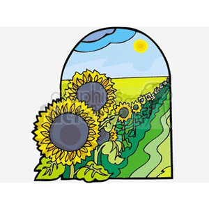 clipart - Row of bright yellow sunflowers lining a green field.