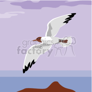 The clipart image shows a cartoon-style drawing of a seagull flying in the sky. The ocean is is below it, with the peaks of a small piece of land as well