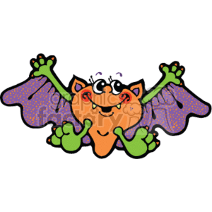 The clipart image shows one colorful cartoon bat with wings spread out, in a country style design. The bat have tiny ears and fangs, indicating that they are vampire bats commonly associated with Halloween. The image is of animals, specifically bats, which are known to be nocturnal creatures.
