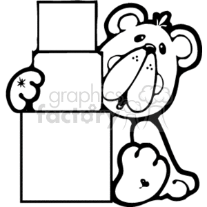 This black and white drawing contains a teddy bear holding three block in its hands. This image could be used in a coloring book or cartoon, or as a line art or sketch illustration.