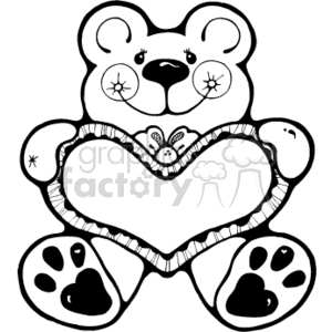 Black and white cartoon bear holding a heart pillow clipart. Royalty-free image # 130155