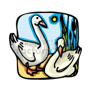 Two geese sitting at the edge of a meadow clipart.