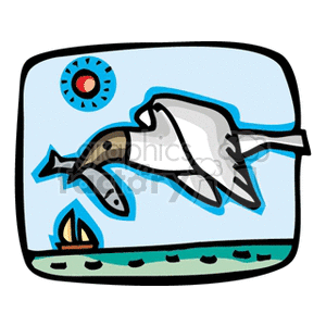 clipart - Seagull with fish over the ocean with a sailing ship in background.