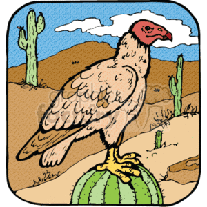 The clipart image depicts a bird, likely a turkey buzzard or falcon, in a country-style setting with a desert landscape including sand and cacti.
