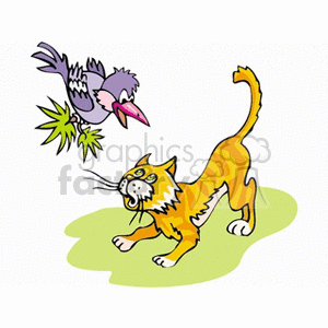 Cat intimidated by bird clipart. Commercial use image # 130836