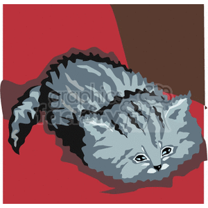 Fluffy gray kitten sitting in a red chair clipart. Commercial use image # 131123