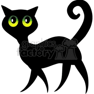 Cartoon black cat with spooky green eyes clipart.