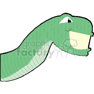 The image is a simple cartoon-style depiction of a green dinosaur with a light underbelly, visible from the side. The dinosaur has a curved body, a large head with a smiling mouth, and one visible eye.