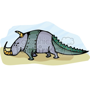 This clipart image features a cartoon representation of a dinosaur that resembles a Triceratops, with characteristics such as a large body, a frill behind its head, and three prominent horns. The dinosaur is portrayed in a side profile, walking on all fours on what appears to be sandy terrain with a light blue background.