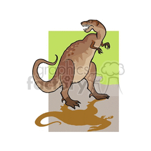 The clipart image features a stylized cartoon depiction of a Tyrannosaurus rex (T-rex) dinosaur. The dinosaur is standing upright on two legs with a large tail for balance, has short forelimbs, and features a mouth with visible teeth.