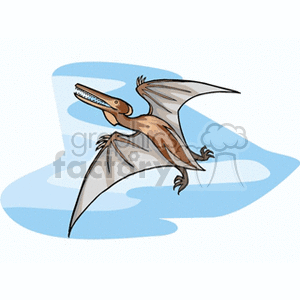 The clipart image depicts a pterosaur, which is a type of flying reptile that lived during the time of the dinosaurs. It is not technically a dinosaur itself but is often associated with them. The pterosaur has a long beak with teeth, large wings with a notable wing-finger structure, and its limbs are spread as if it is in flight.