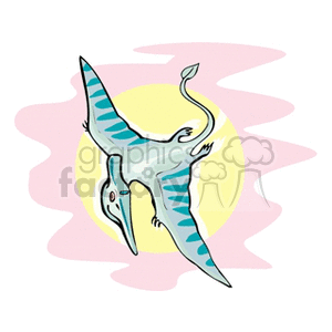 The clipart image shows a stylized cartoon representation of a pterosaur, which is a type of flying dinosaur, against a backdrop of a yellow sun and pink background. The pterosaur has a long beaked head, large wings, and a long tail with a diamond-shaped tip. The colors are quite playful and whimsical, suggesting it's probably intended for an audience interested in fun, educational, or children's content.