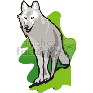 The clipart image shows a cartoonish wolf with gray fur, standing on all 4 legs. The wolf is facing forward and looking towards you, with its mouth slightly open