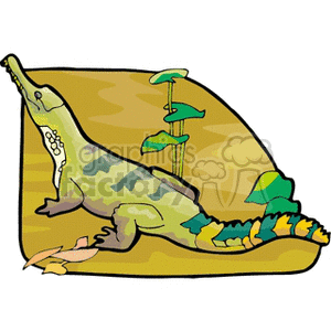 The clipart image shows a stylized cartoon of a green alligator or crocodile standing upright on its hind legs. It's positioned on a brown background that may represent the ground, and there are also two green plants in the background, possibly suggesting a natural habitat like a swamp or riverbank.