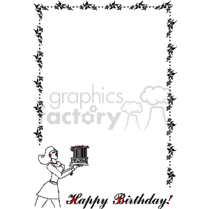 Happy birthday border with a women holding a cake clipart. Commercial use image # 133907