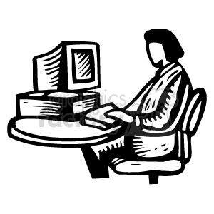 black and white female siting at her computer clipart.