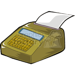This is a clipart image of a cash register. You can see the numeric keypad, the display screen, and a slot where the receipt paper is coming out. This is a piece of equipment typically used in a retail setting to manage transactions, keep track of sales, and handle cash.