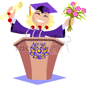 Female student giving a graduation speech wearing a cap and gown clipart.