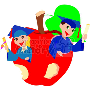 Two students holding diplomas coming out of an apple clipart.
