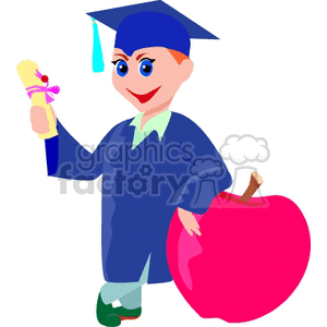 Cartoon student leaning against an apple clipart.