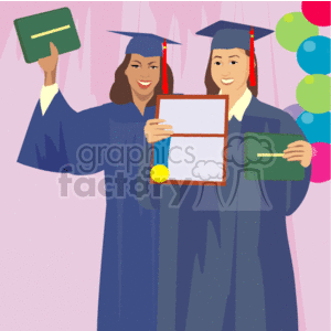 Two Woman Wearing a Cap and Gown Holding their Diploma clipart.