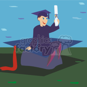 A Happy Graduate Holding his Diploma Sitting on a Large Blue Cap