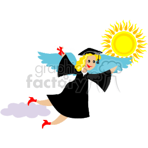 A Happy Graduate in her Cap and Gown soaring in the Sky with Wings