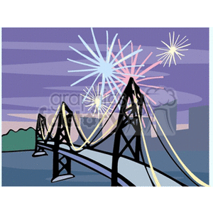 clipart - bridge with fireworks bursting in the sky.