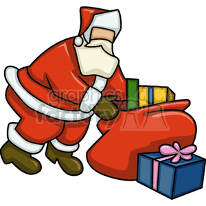 Santa Claus Filling his Christmas Bag with Gifts clipart.