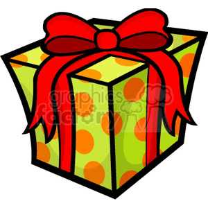Wrapped present with orange poke a dots and a red bow clipart.