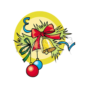 Christmas Decorations Including a Gold Bell Red Bow and Two Ball Ornaments clipart. Commercial use image # 143011