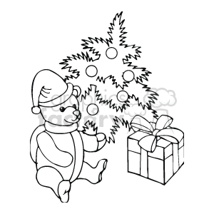 clipart - Decorated Christmas Tree with a Teddy Bear and A Gift Box.