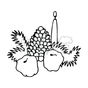 The clipart image portrays a simple, stylized depiction of a pine cone surrounded by two pieces of evergreen foliage and flanked by two apples. Above the pine cone stands a single, lit candle. This collection of items is often associated with Christmas or winter holiday decorations.