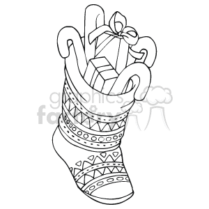 Black and White Christmas Stocking Filled with Presants and Candy Canes clipart. Royalty-free icon # 143547