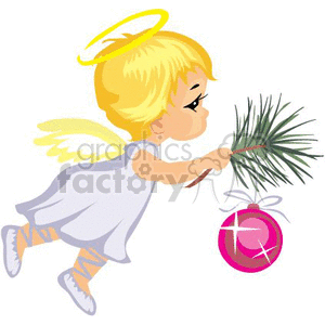 clipart - Flying Child Angel Decorating a Chistmas Tree.