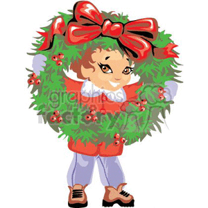 A little girl looking through a huge Christmas wreath