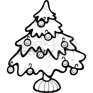 black and white Christmas tree with happy ornaments