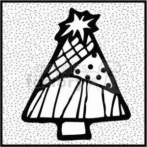 The clipart image features a stylized Christmas tree with a star on top, decorated with various geometric shapes and patterns. It has a simple and modern black and white design, which could serve as a decorative element for holiday-themed content.