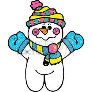 clipart - cartoon snowman wearing blue mittens.