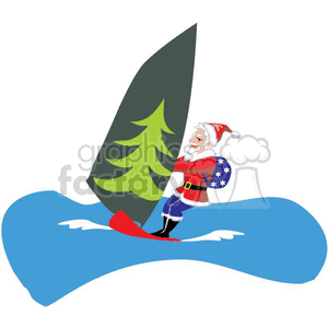 This clipart image depicts Santa Claus surfing on a wave. He is donning his traditional red and white suit with a belt and hat. Santa is also holding a surfboard, with a Christmas tree graphic on the sail of his windsurf board. The background is a stylized representation of water, emphasizing the tropical surfing theme.