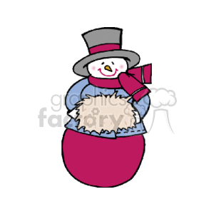 This clipart image depicts a snowman associated with winter and the Christmas holidays. The snowman is wearing a top hat and scarf and appears to be smiling. It's holding a broom and has two distinct snowball sections for its body and head. It appears to be holding hay, or something similar