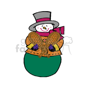 This clipart image features a snowman dressed in winter attire: a top hat, a pink scarf, a warm-looking brown coat with purple mittens, and holding snowshoes. The snowman is depicted with a cheerful expression, exemplifying the festive joy associated with the Christmas season.