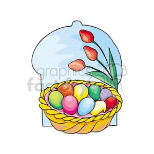 clipart - Yellow Easter basket with colored eggs and tulips.