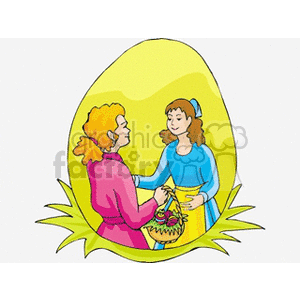 clipart - Two women with Easter basket in egg.