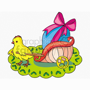 Baby chick carrying Easter egg in wagon