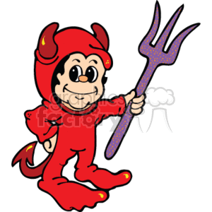 A little boy in a devil costume holding a purple pitch fork clipart. Royalty-free image # 144745